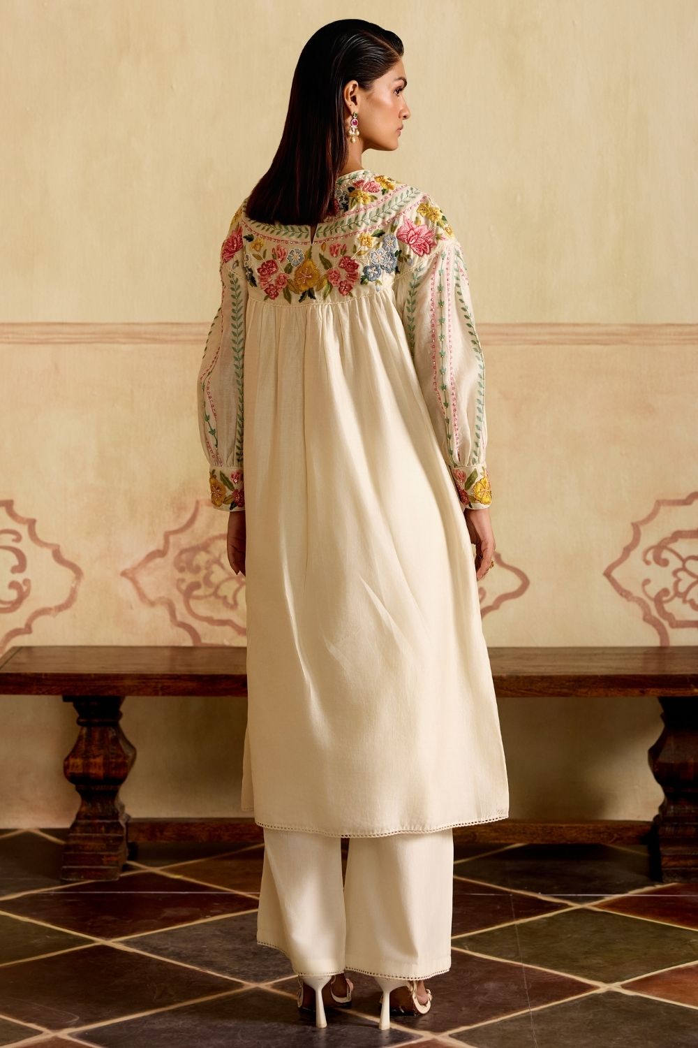 Ivory florals & stripes yoke detail kurta with cutwork pants