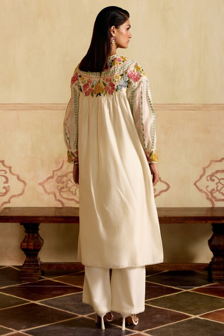 Ivory florals & stripes yoke detail kurta with cutwork pants