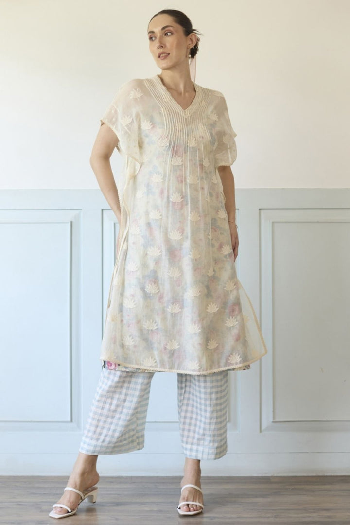 White & Blue Kaftan Set With Slip and Pants