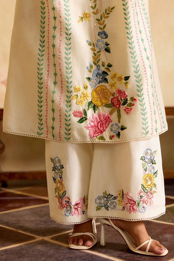 Ivory florals & stripes yoke detail kurta with cutwork pants