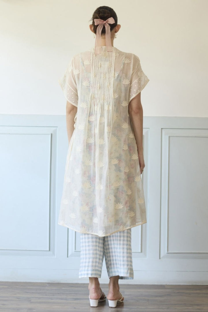 White & Blue Kaftan Set With Slip and Pants