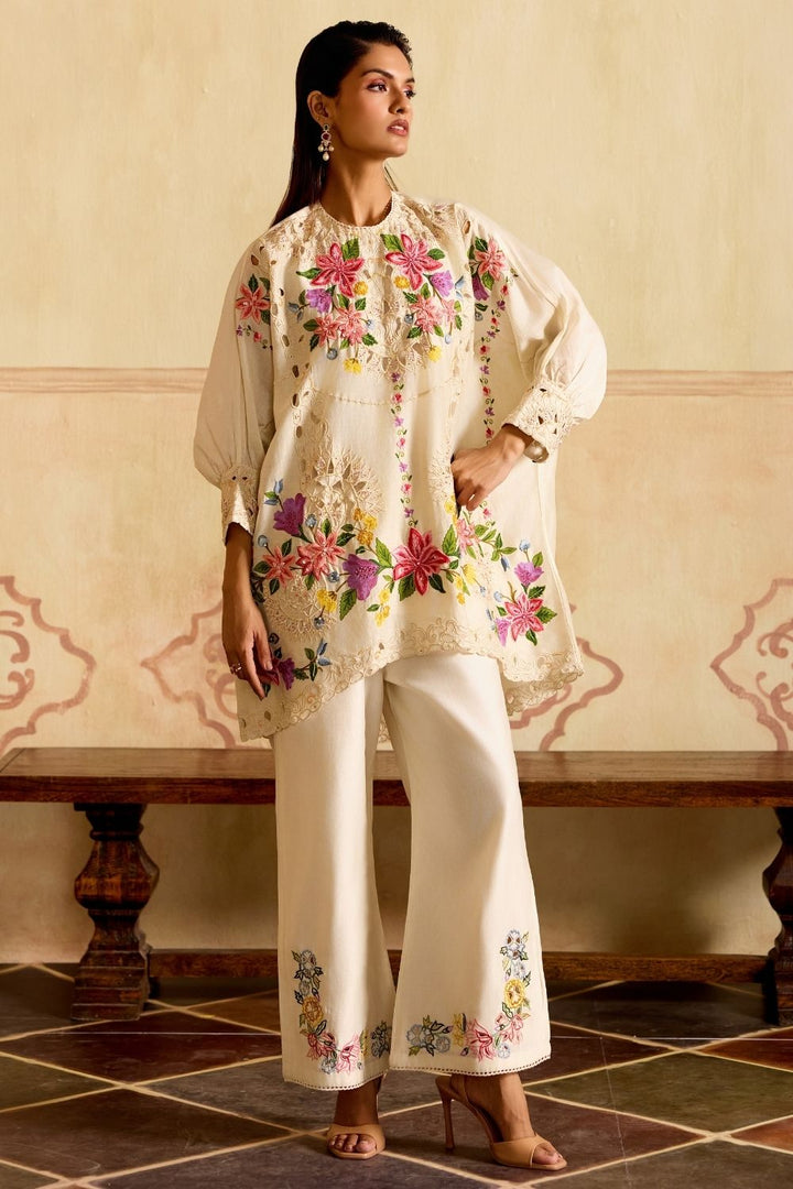 Ivory embroidered kimono tunic with cutwork pants