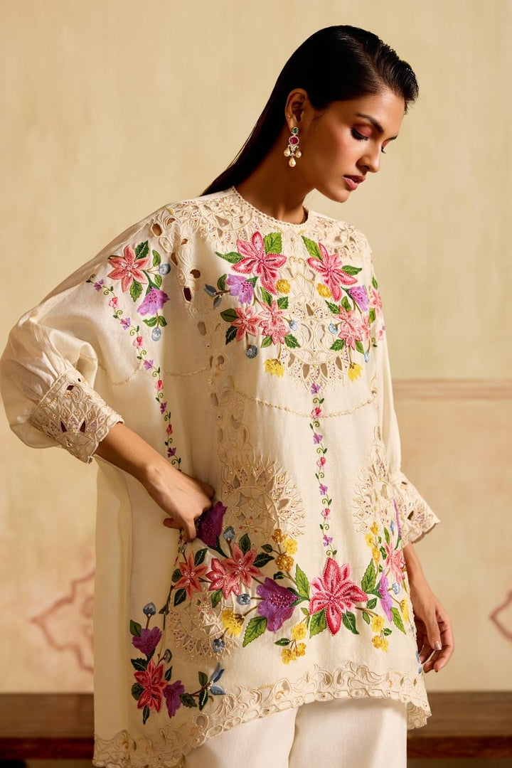 Ivory embroidered kimono tunic with cutwork pants