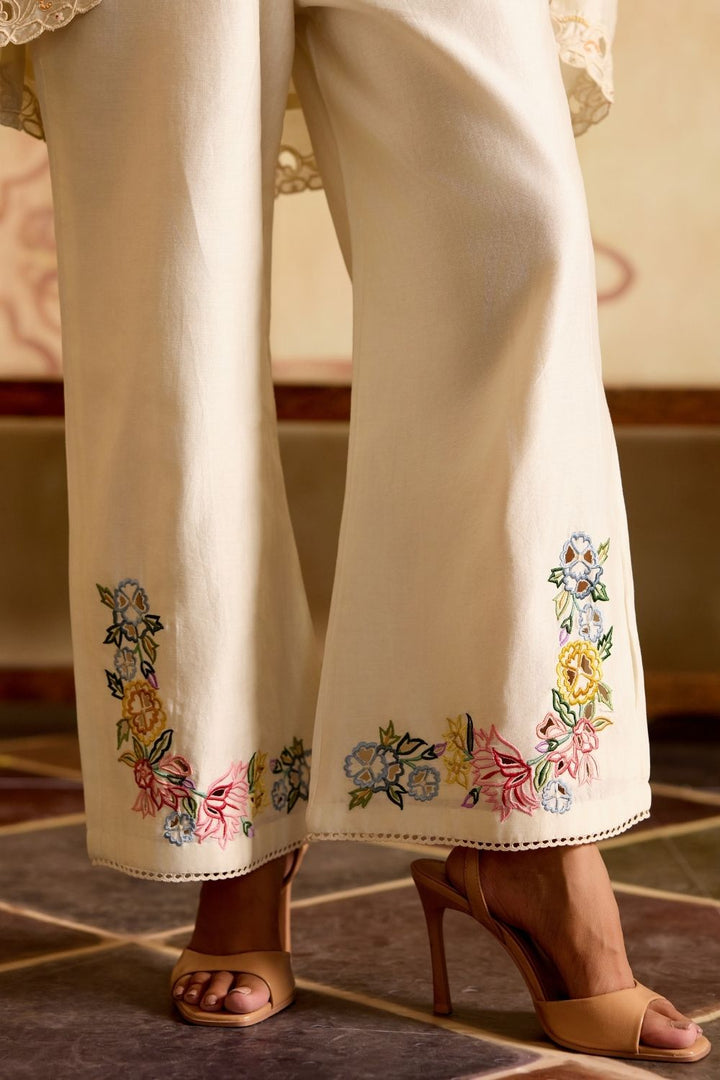 Ivory embroidered kimono tunic with cutwork pants