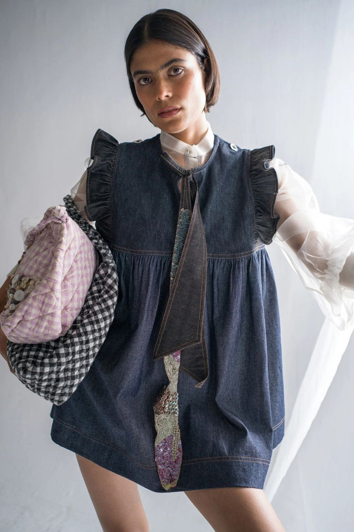 Midnight Denim Sequin Ruffled Sleeves Top