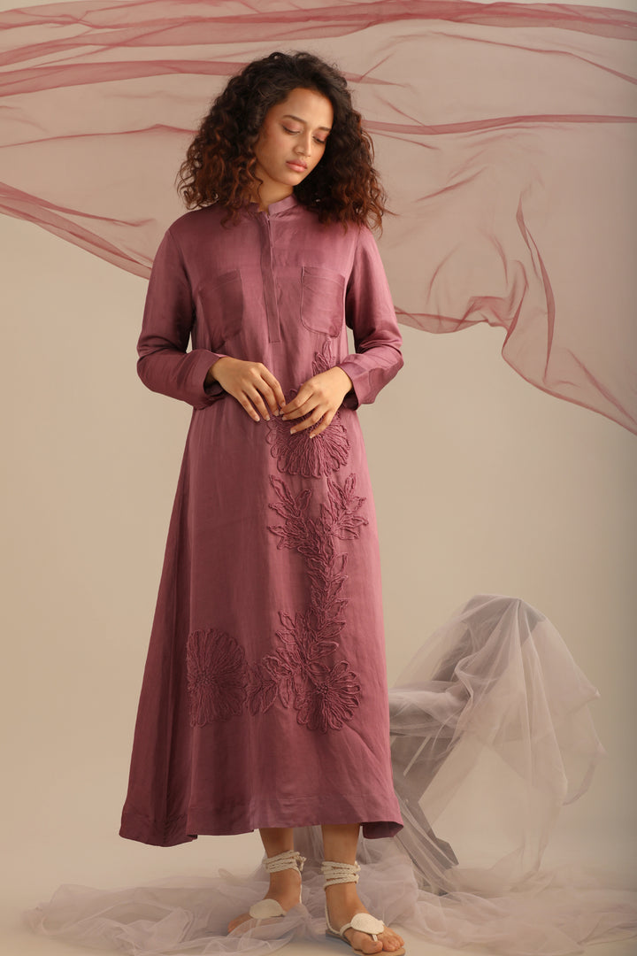 Satin full length dress with applique handwork