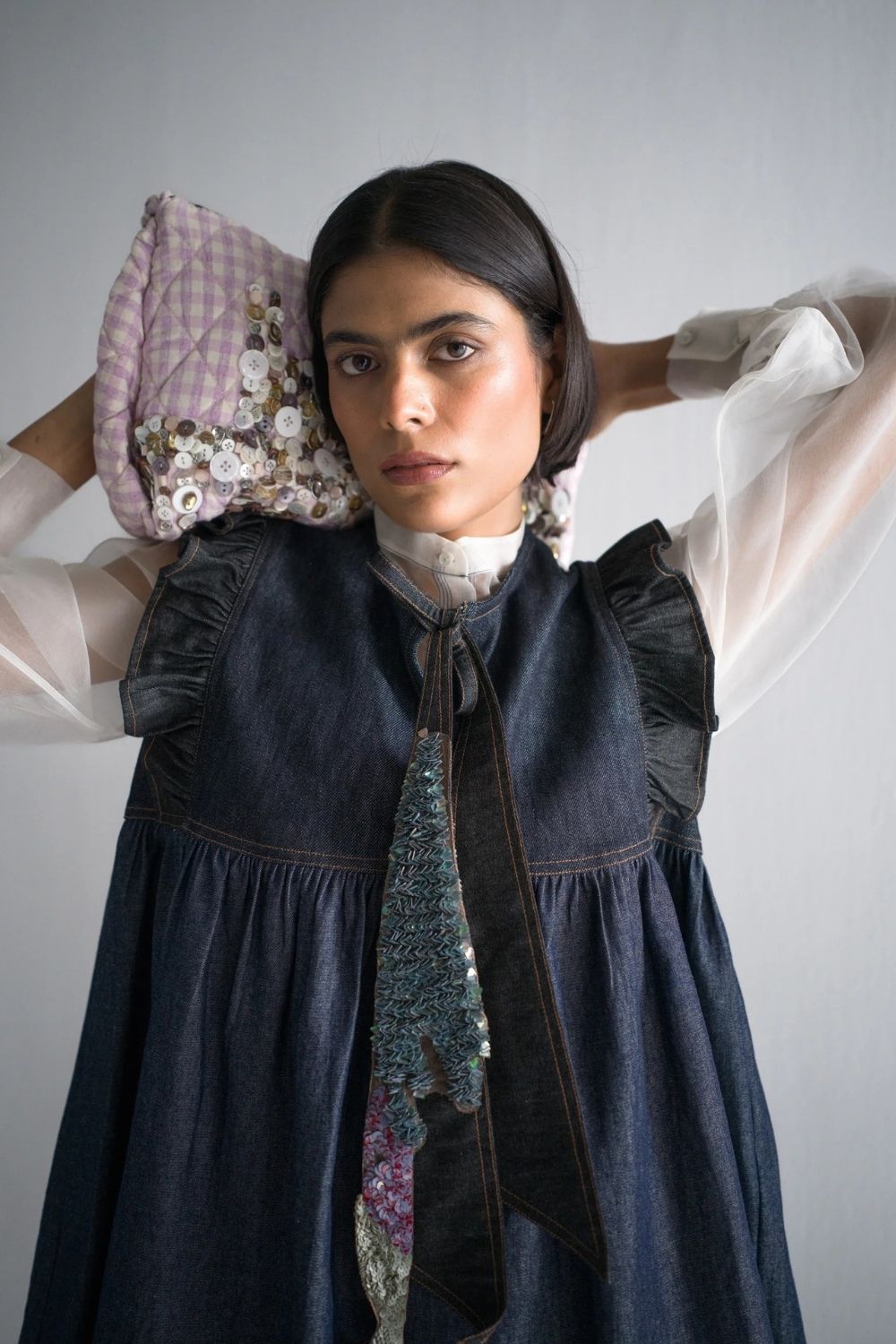 Midnight Denim Sequin Ruffled Sleeves Top