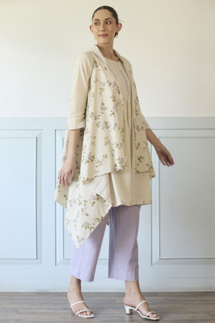 White & Lilac Co-ord Set With Overlay