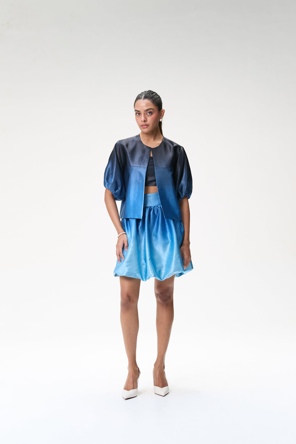 Midnight Blue Ombré Bubble Sleeve Crop Jacket & Blue Ombré Mini Bubble Skirt