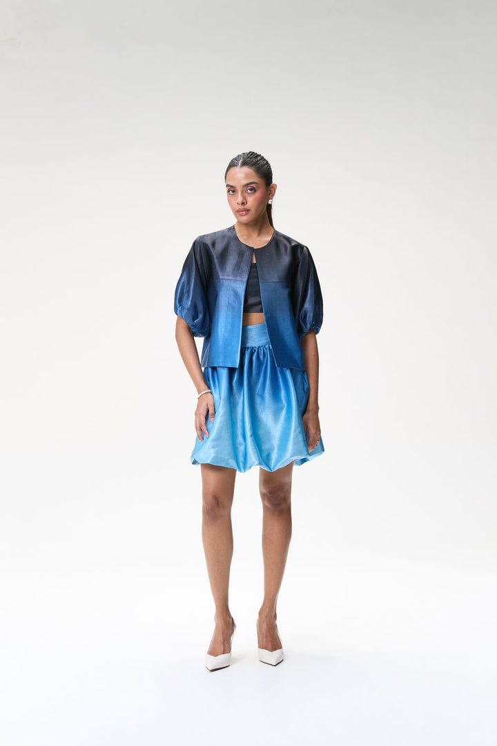 Midnight Blue Ombré Bubble Sleeve Crop Jacket & Blue Ombré Mini Bubble Skirt