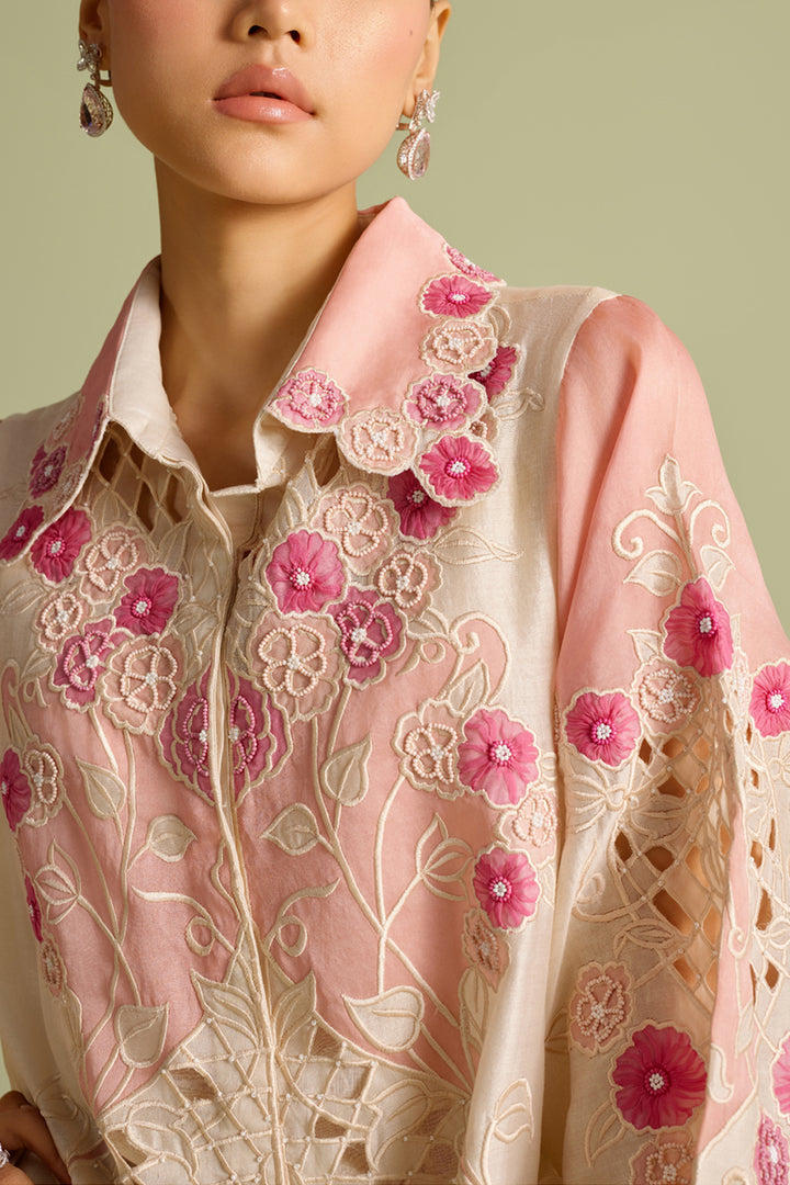 Ivory & Pink Panelled Applique Shirt