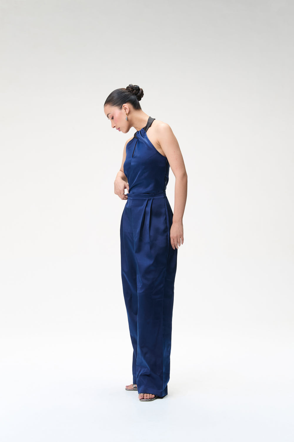 Midnight Blue Silk Jumpsuit With Contrast Collar