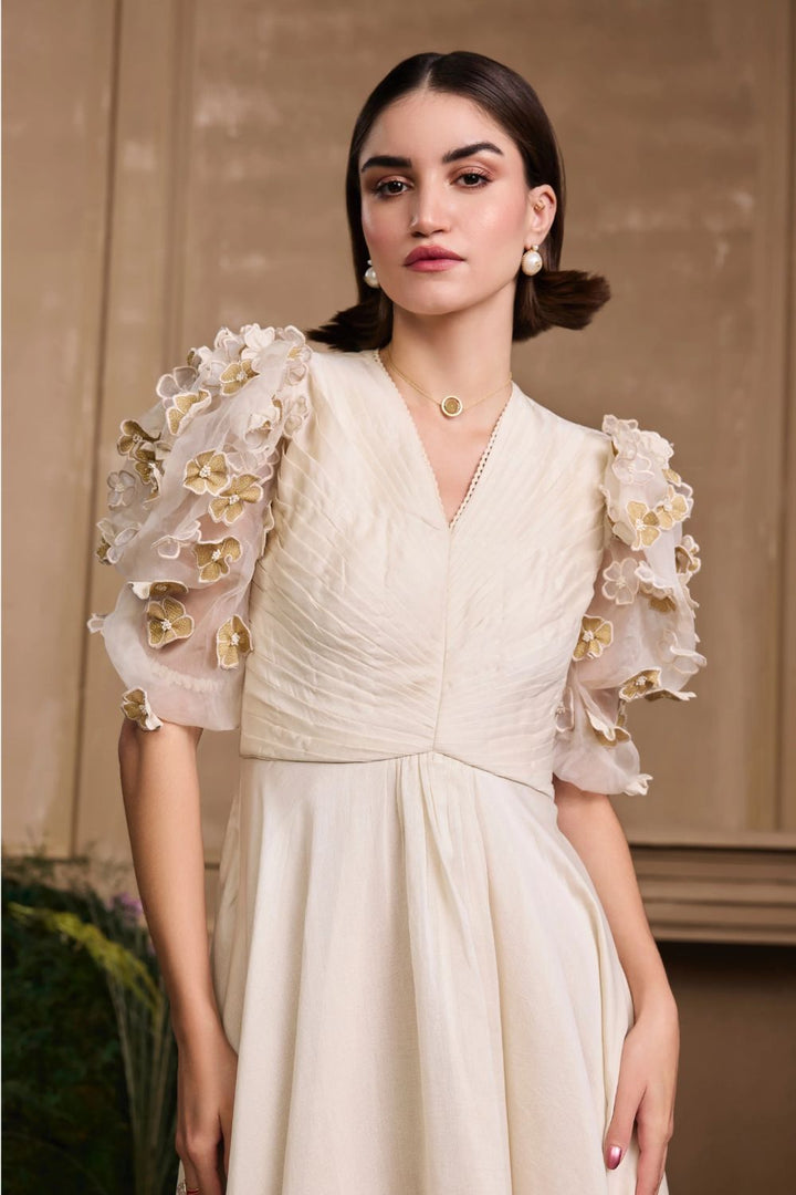 Ivory & Gold Pleated Embroidered Flounce Dress