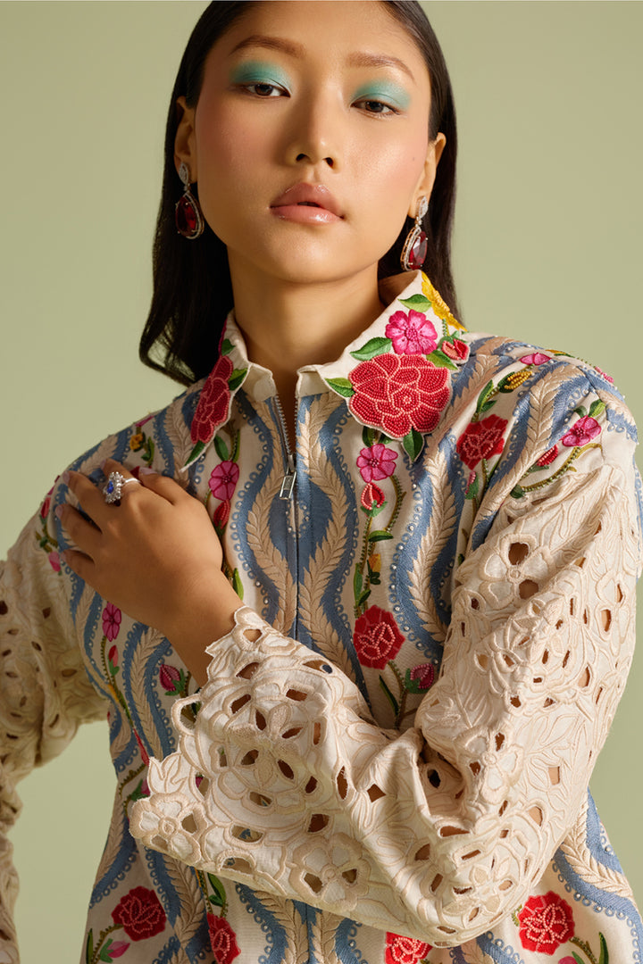 Ivory Striped Florals Short Jacket