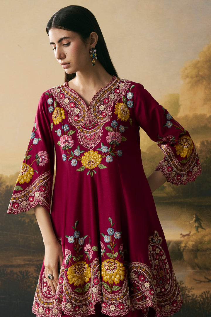 Cherry Red Contrast Cordwork Flared Short Kurta With Tulip Pants