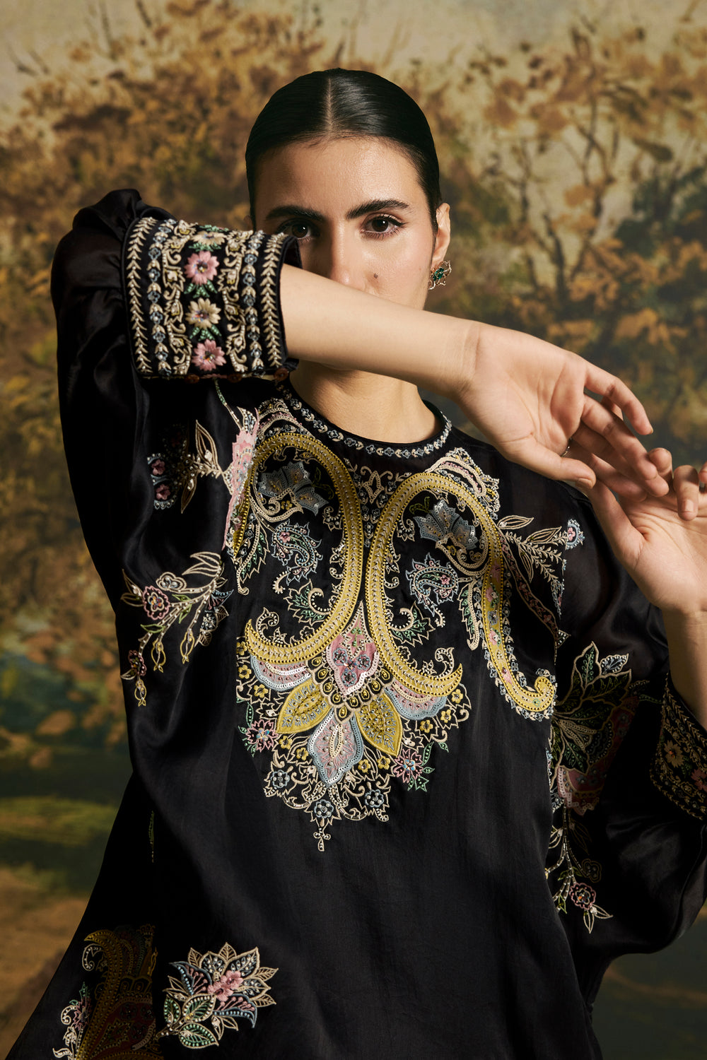 Black Contrast Paisley Detail Tunic With Harem Pants