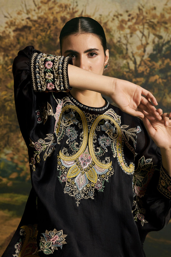 Black Contrast Paisley Detail Tunic With Harem Pants