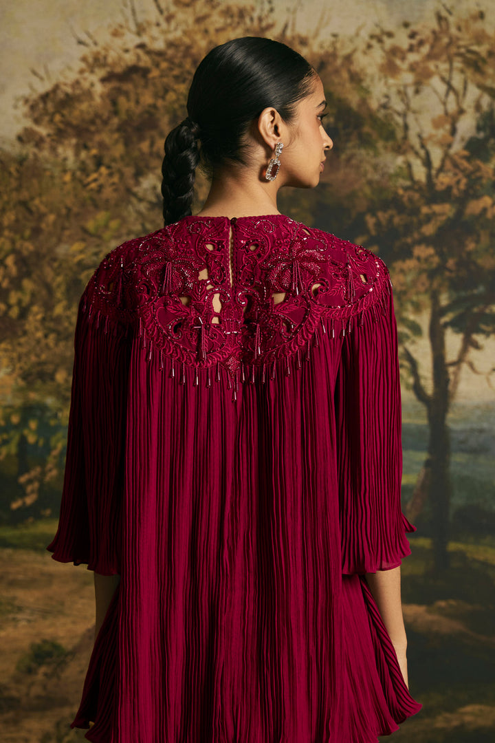 Cherry Red Cutwork Textured Tunic With Tulip Pants