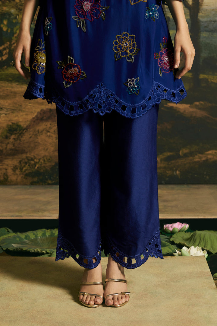 Cobalt Blue Multicoloured Floral Kurta With Pants