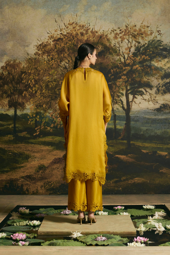 Amber Yellow Blossom Kimono Kurta With Pants