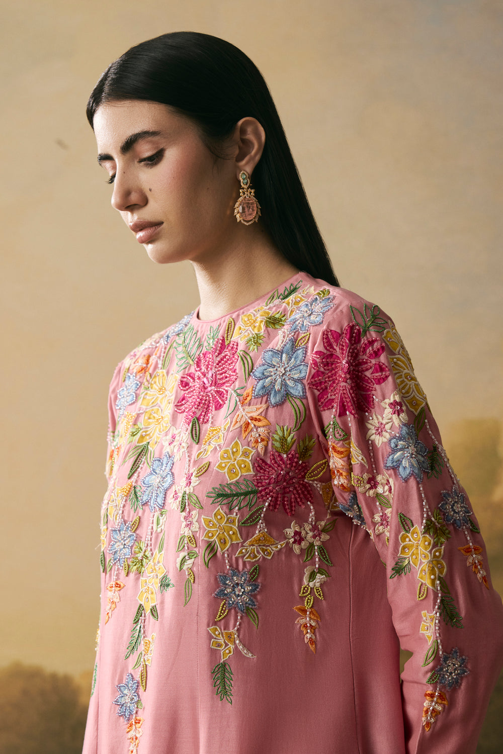 Pink Floral Medley Flared Kurta With Narrow Pants