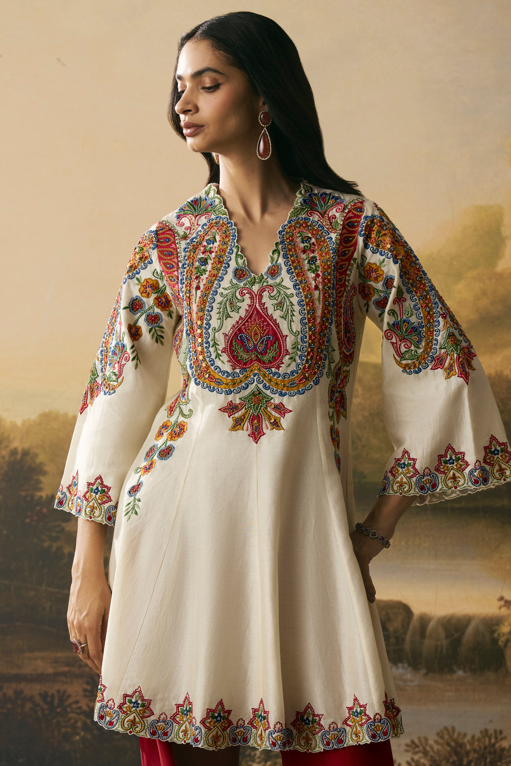 Ivory Contrast Paisley Flared Short Kurta With Bell Bottom Pants