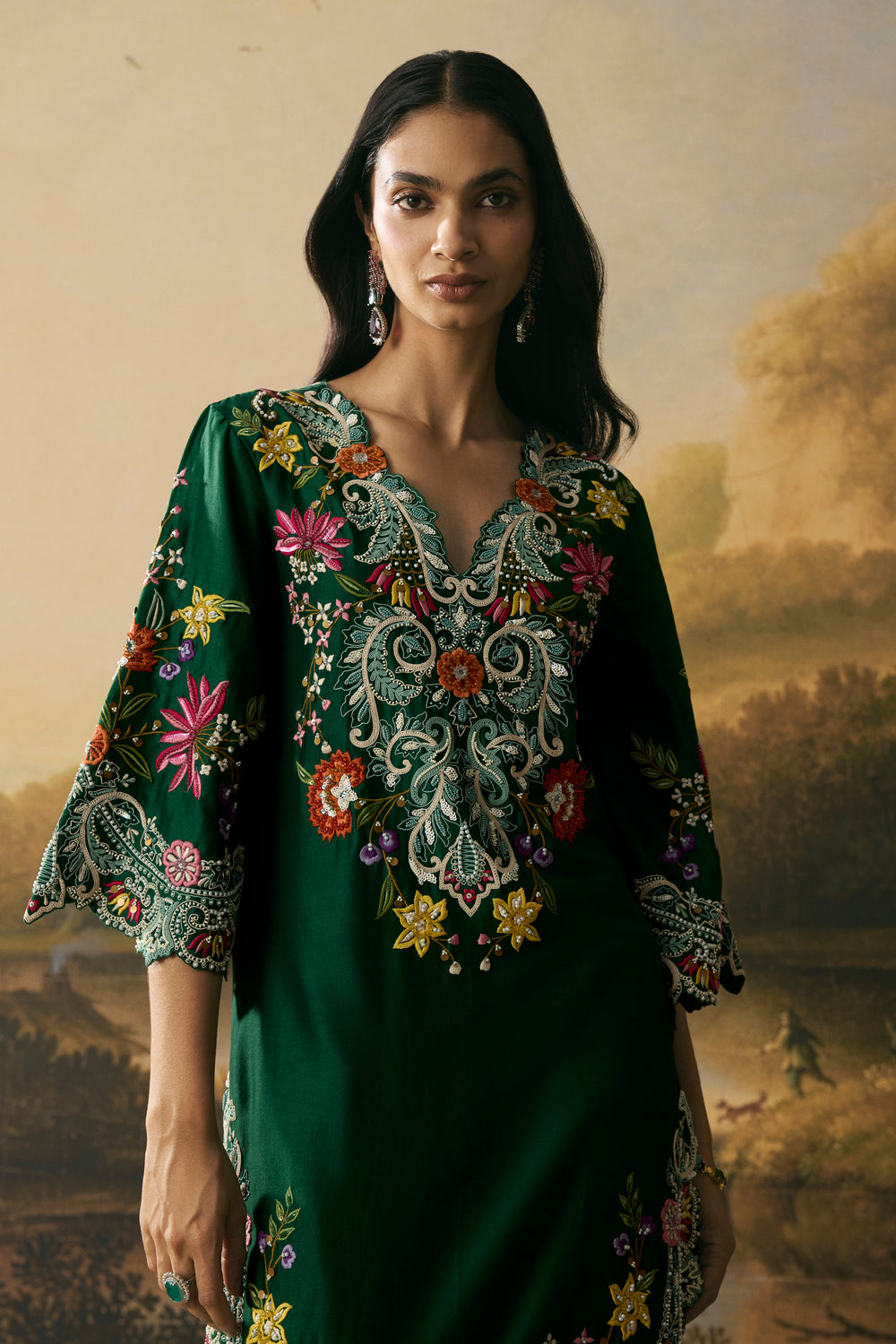Emerald Green Contrast Floral Cordwork Kurta With Pants