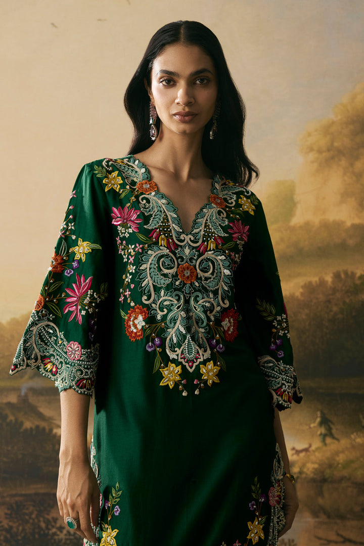 Emerald Green Contrast Floral Cordwork Kurta With Pants
