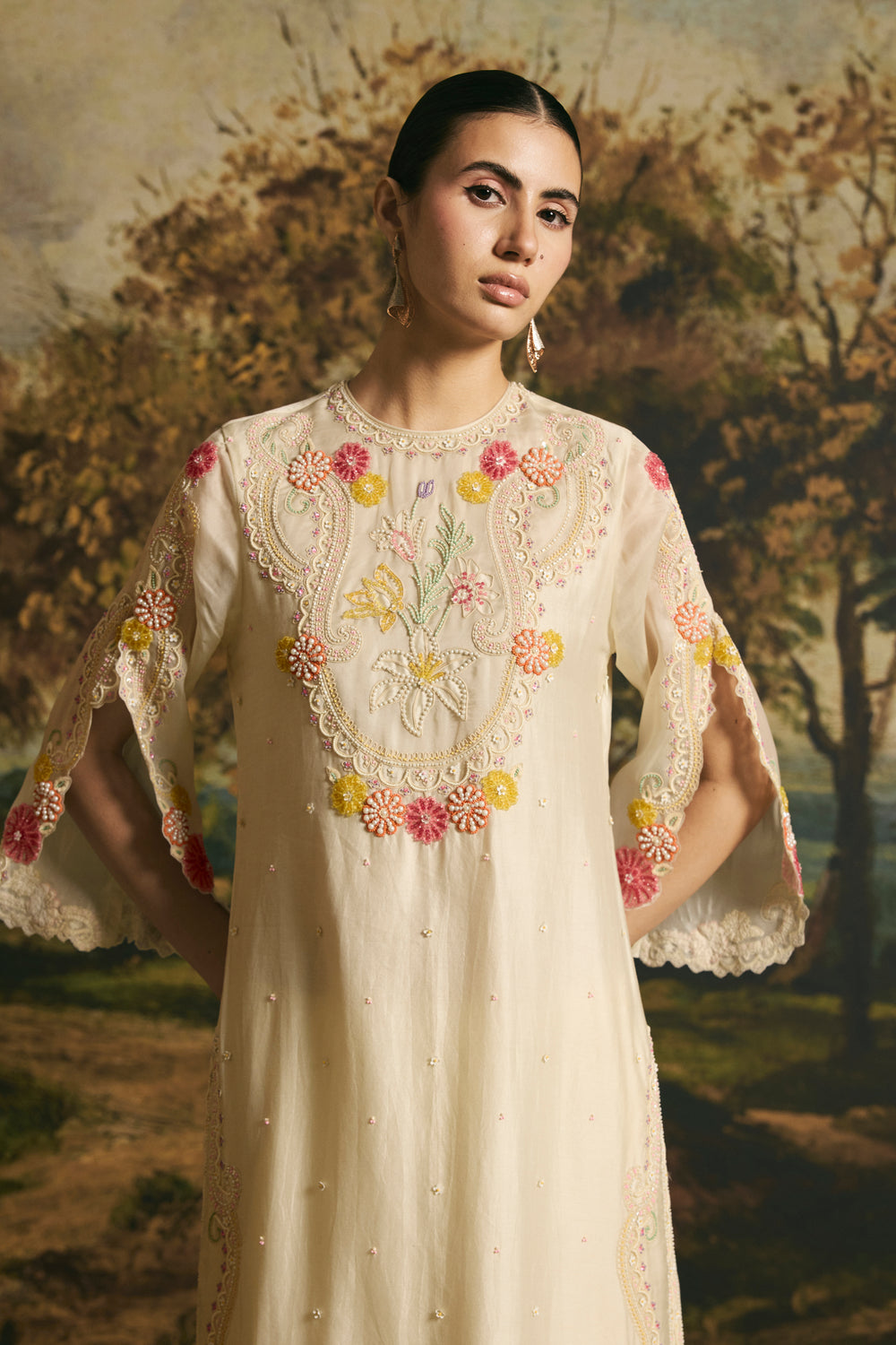 Ivory Beadwork Panelled Kurta With Pants