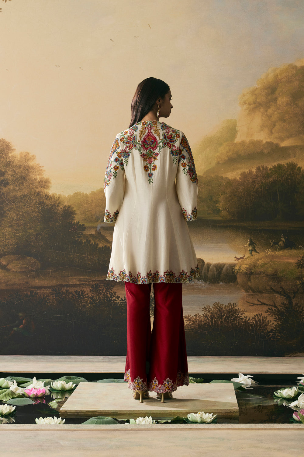 Ivory Contrast Paisley Flared Short Kurta With Bell Bottom Pants