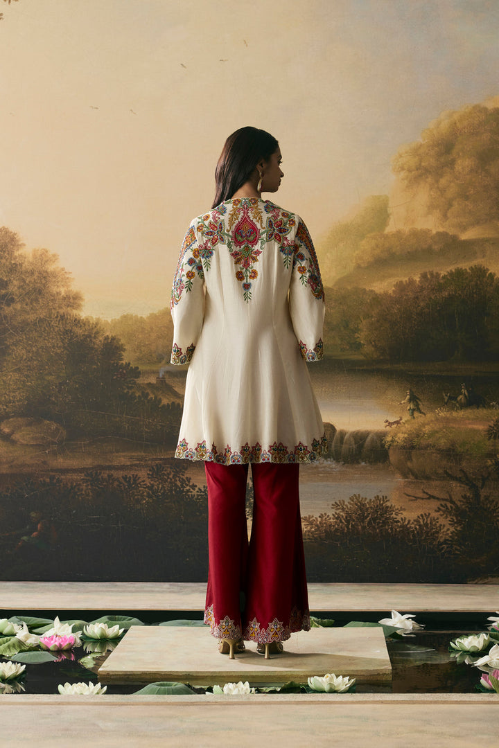 Ivory Contrast Paisley Flared Short Kurta With Bell Bottom Pants