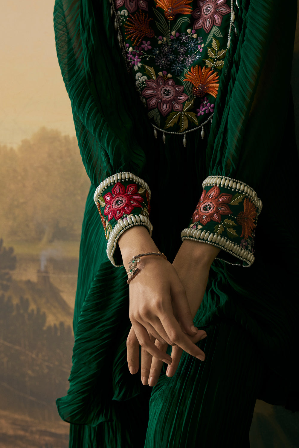Emerald Green Floral Textured Kimono Tunic With Pants