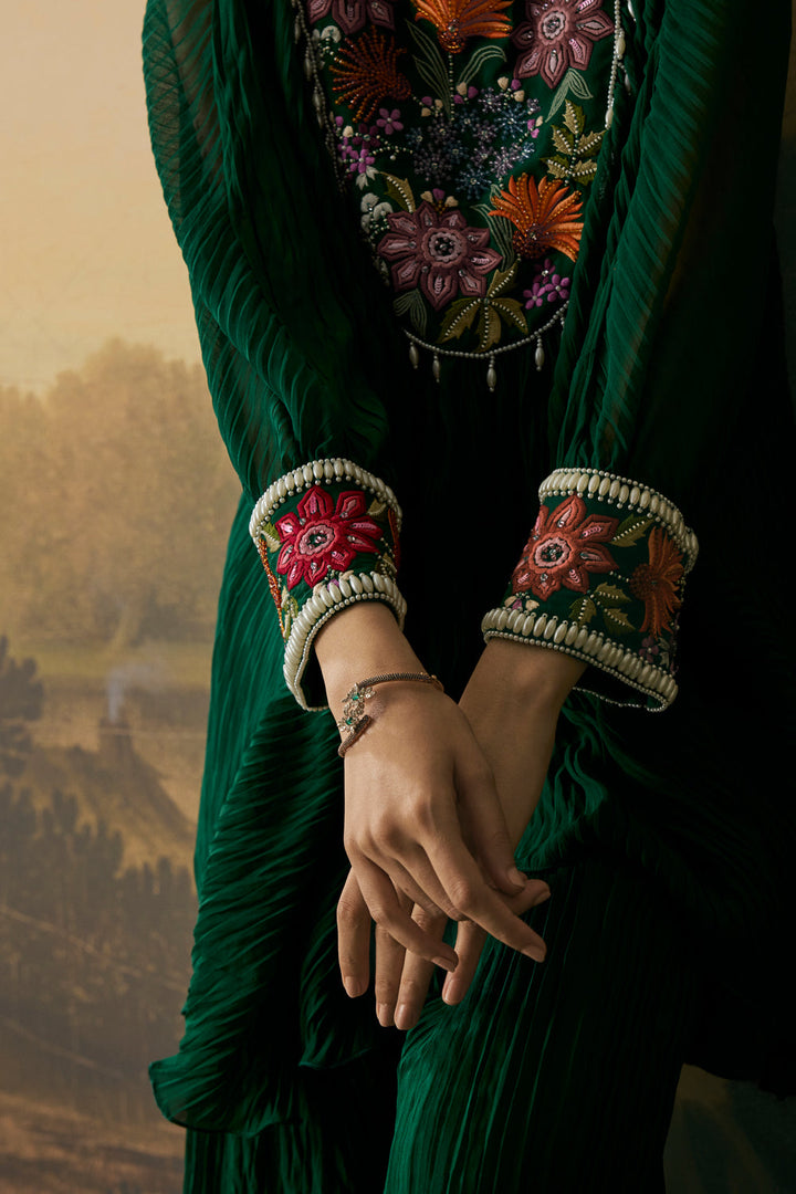 Emerald Green Floral Textured Kimono Tunic With Pants