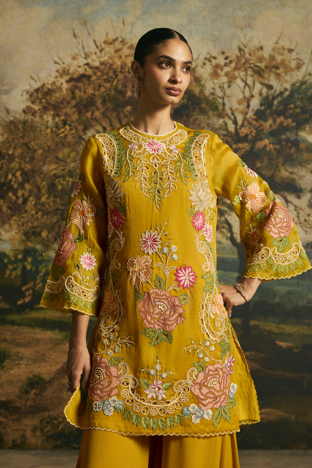 Amber Yellow Floral Medley Short Kurta With Sharara