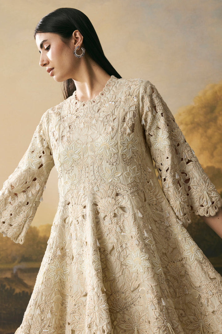 Ivory Cutwork Short Flared Kurta With Cowl Tulip Pants