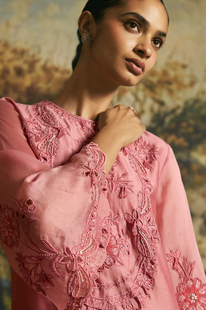 Pink Cutwork And Beadwork Kurta With Narrow Pants
