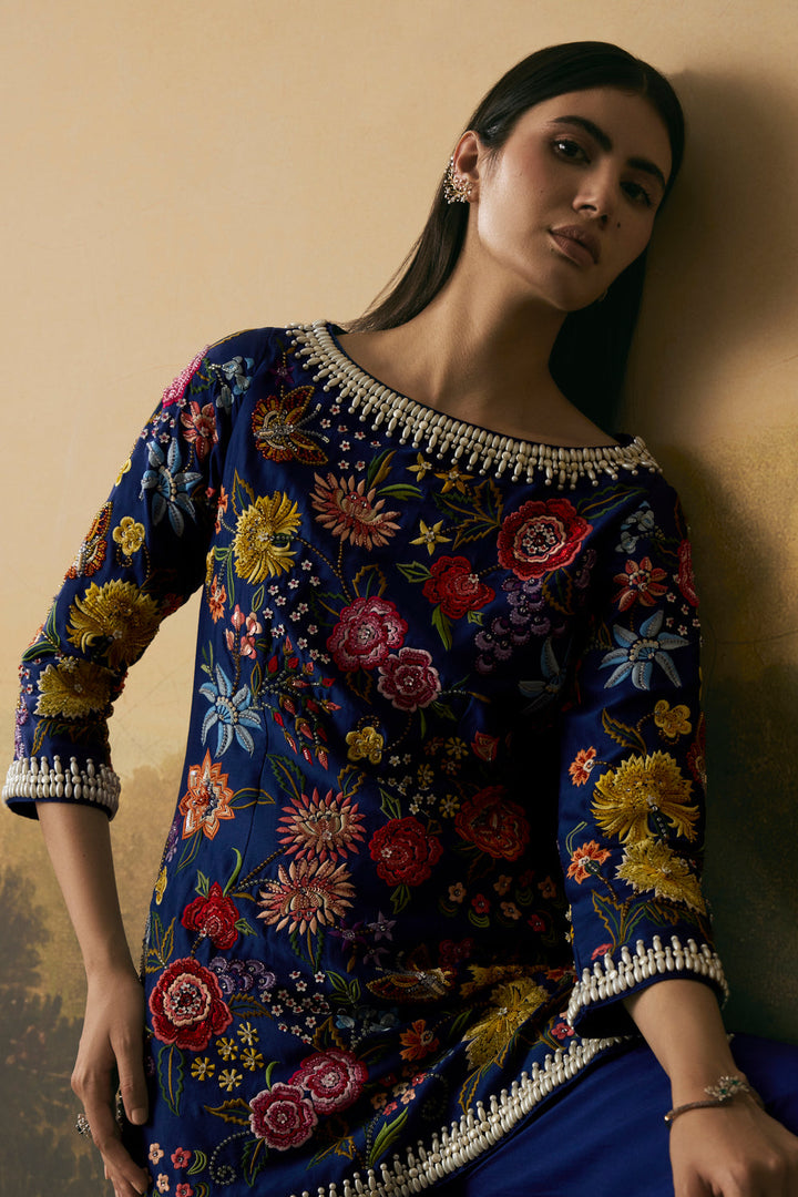 Cobalt Blue Floral Bloom Short Kurta With Sharara