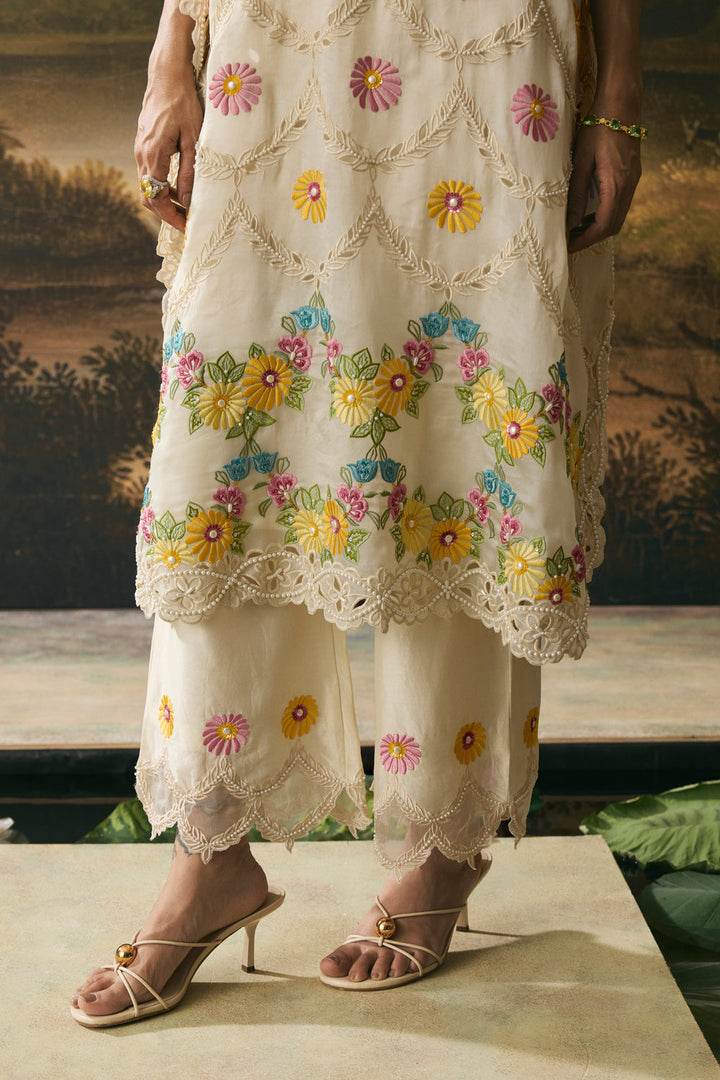 Ivory Sheer Panelled Cutwork Pants
