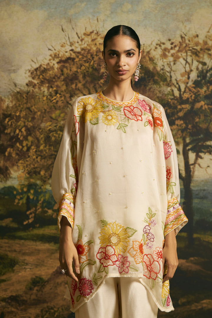 Ivory Floral Blossom Tunic With Cutwork Pants