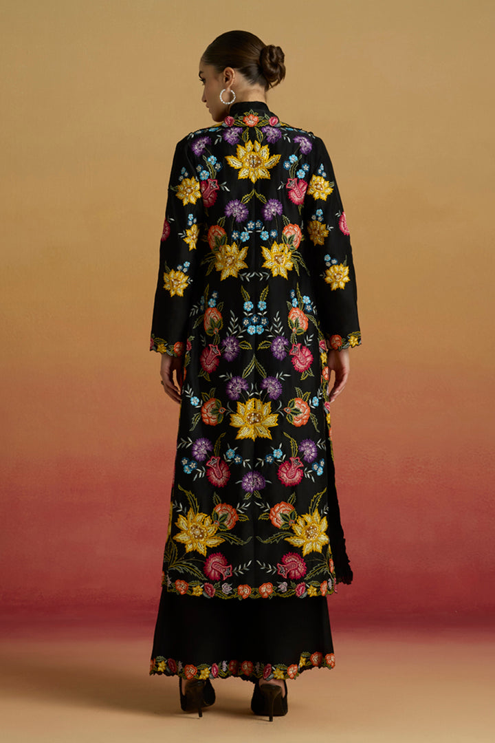 Black Floral Threadwork Long Jacket