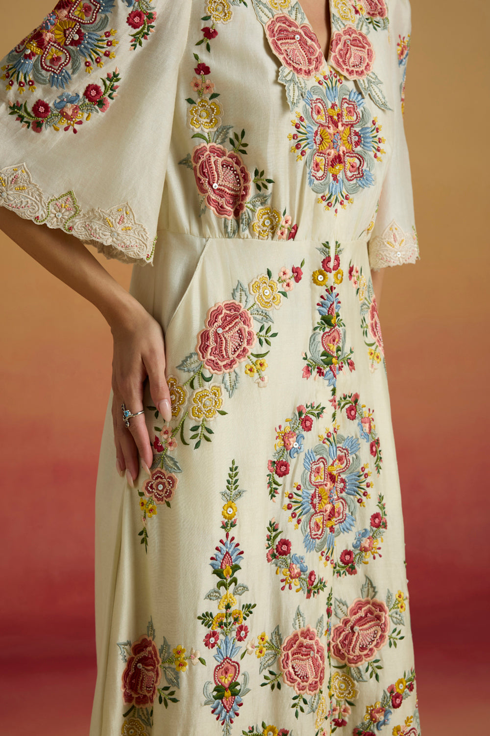 Ivory Floral Threadwork Shirt Dress