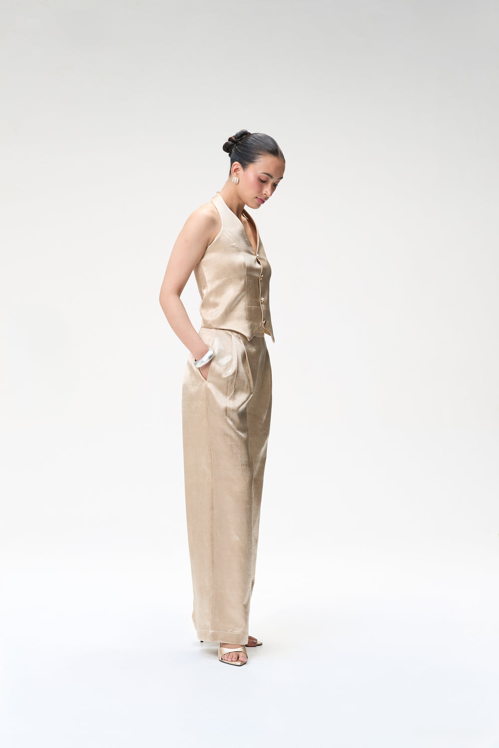 Champagne Halter Waistcoat With Gold Buttons & Champagne Trouser With Pleats