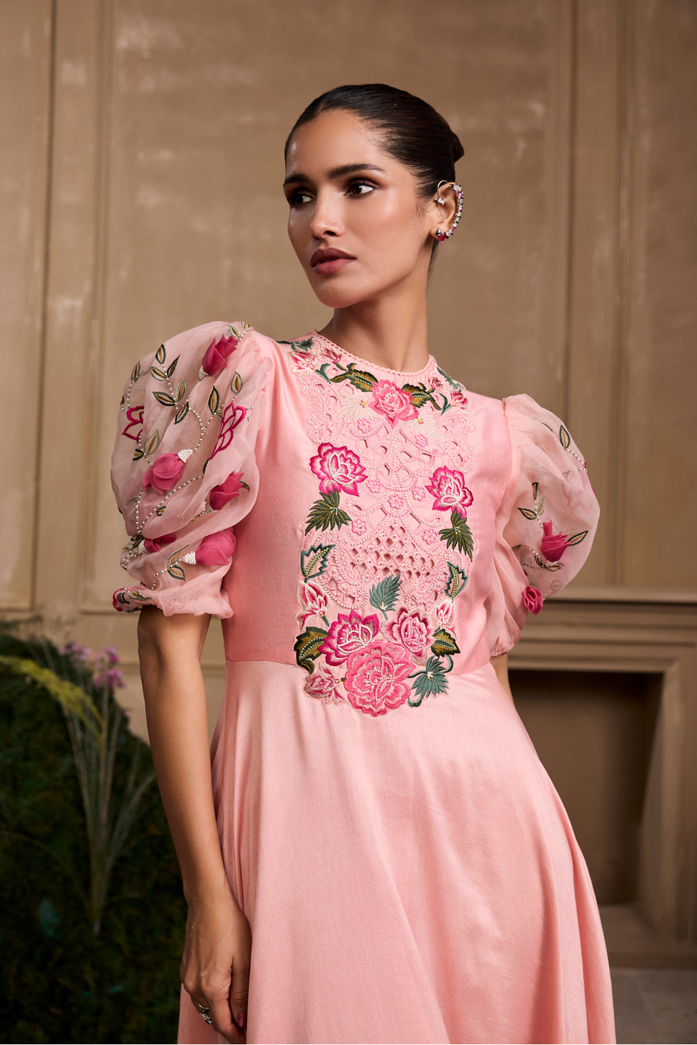 Rose Pink Embroidered Flounce Dress