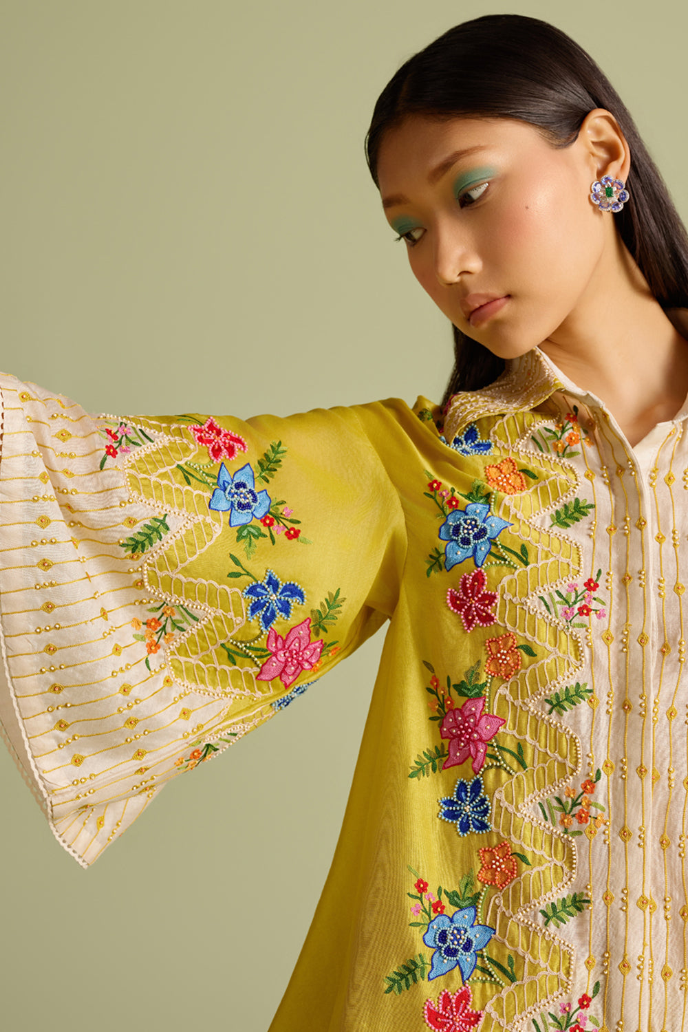 Yellow Floral Embroidered Color Block Shirt