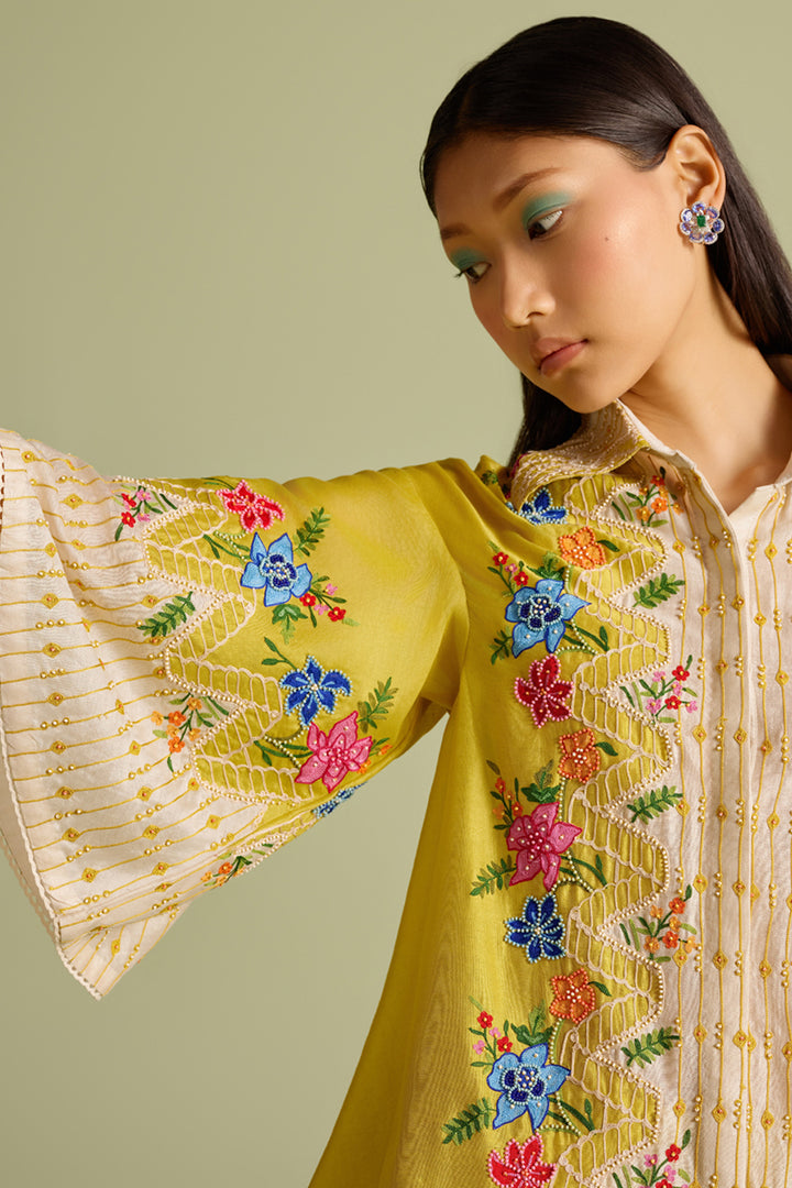 Yellow Floral Embroidered Color Block Shirt