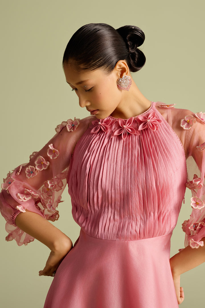 Pink Contrast Embroidered Flounce Dress