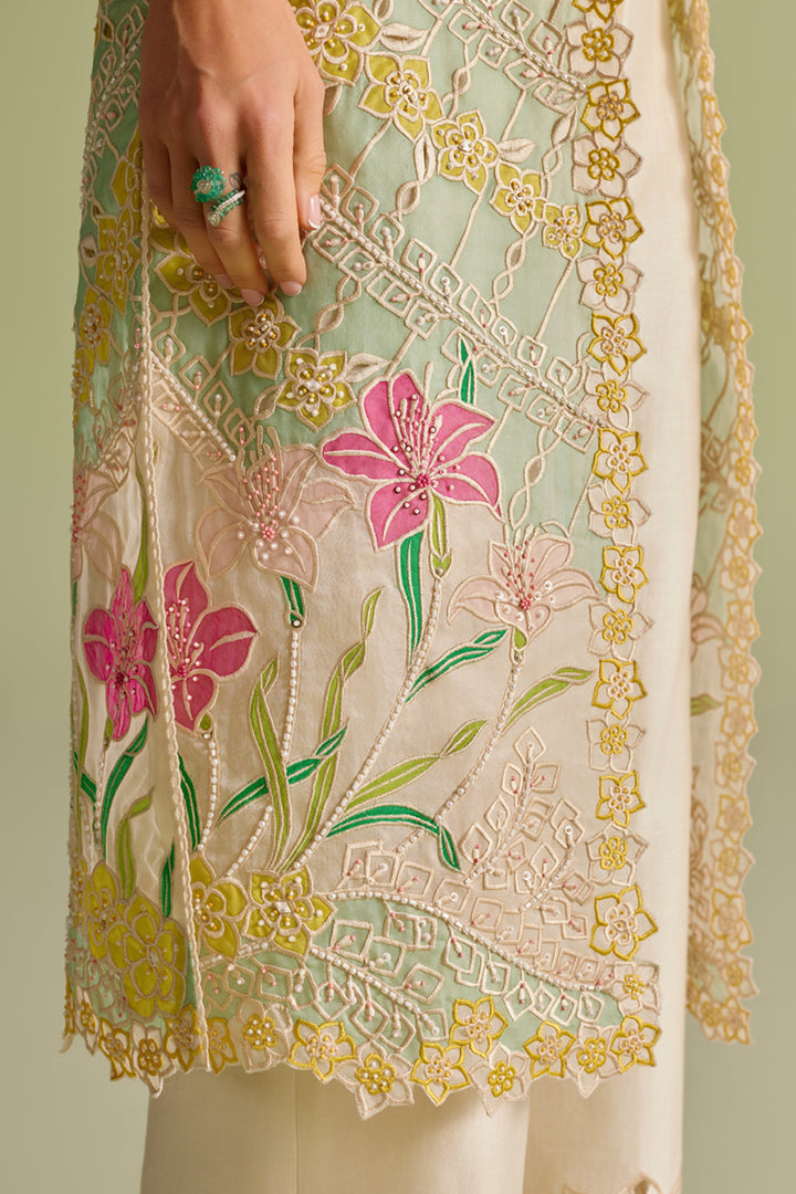 Ivory & Aqua Applique Long Jacket