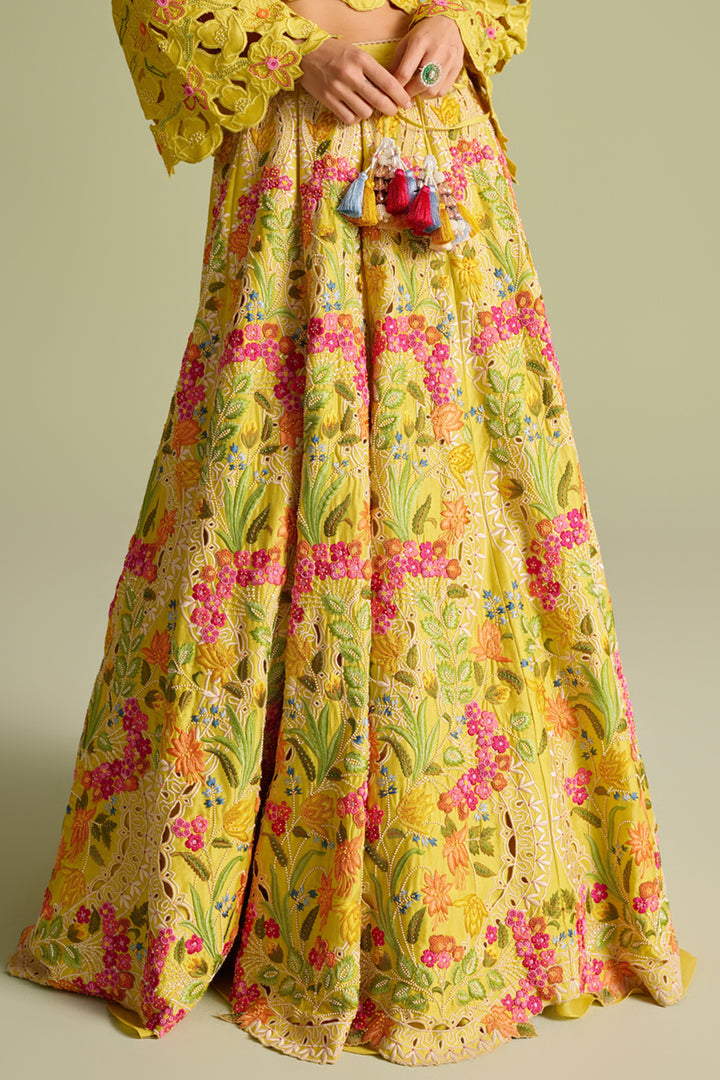 Yellow Multicolored Floral Embroidered Lehenga