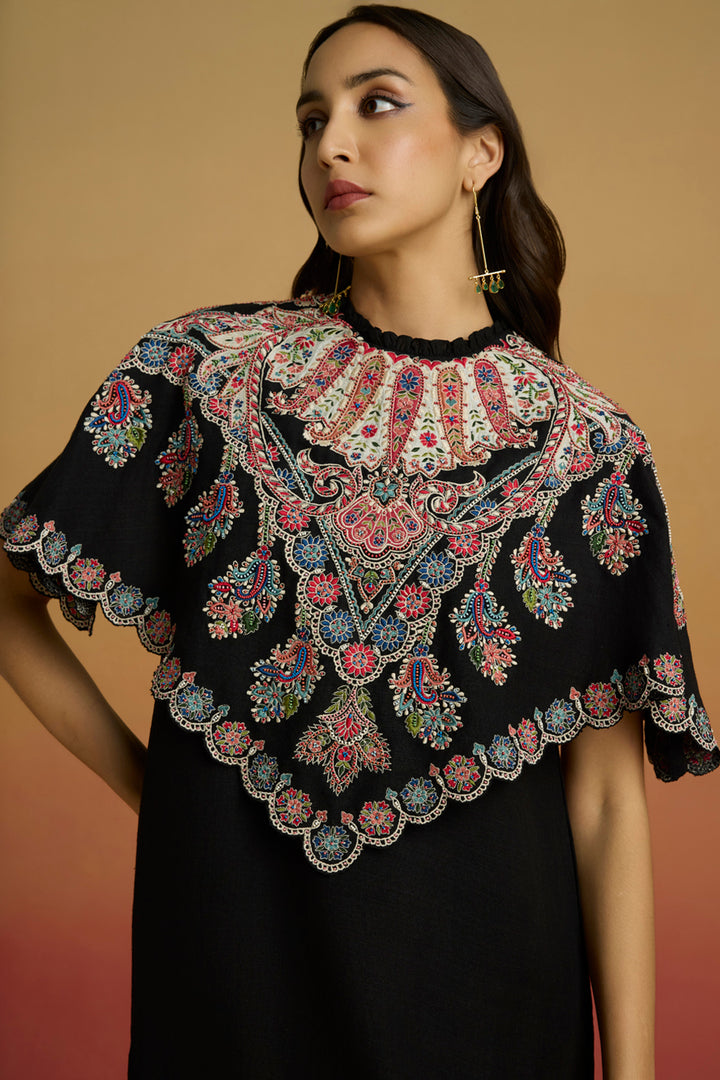 Black Applique Cape Short Dress