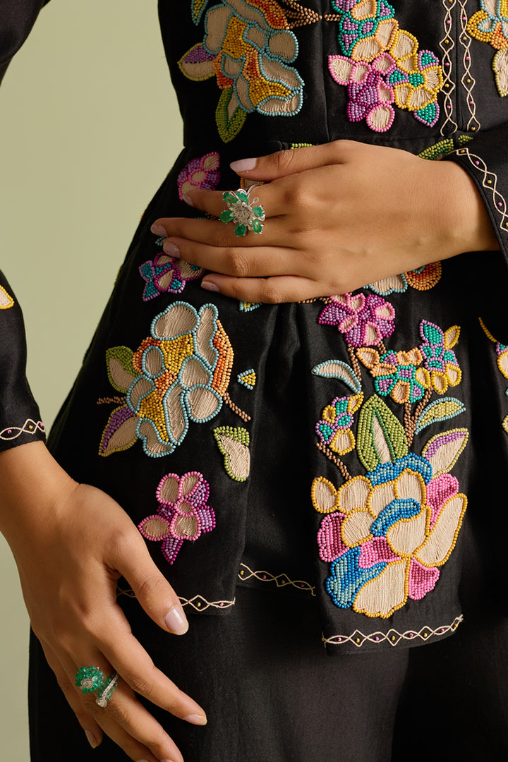 Black Cordwork and Beadwork Pleated Peplum Jacket
